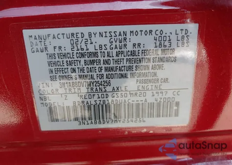 2021 Nissan Sentra Sr Xtronic Cvt z USA, uszkodzony, nr VIN 3N1AB8DV7MY254256
